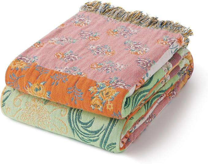RILIHO 100% Cotton Boho Throw Blanket for Home Decor – Classic Farmhouse Quilt Bedding, Muslin Blankets for Adults, Vintage Woven Decorative Blanket for Couch, Bed Layering Use, Patchwork, 90"x90"