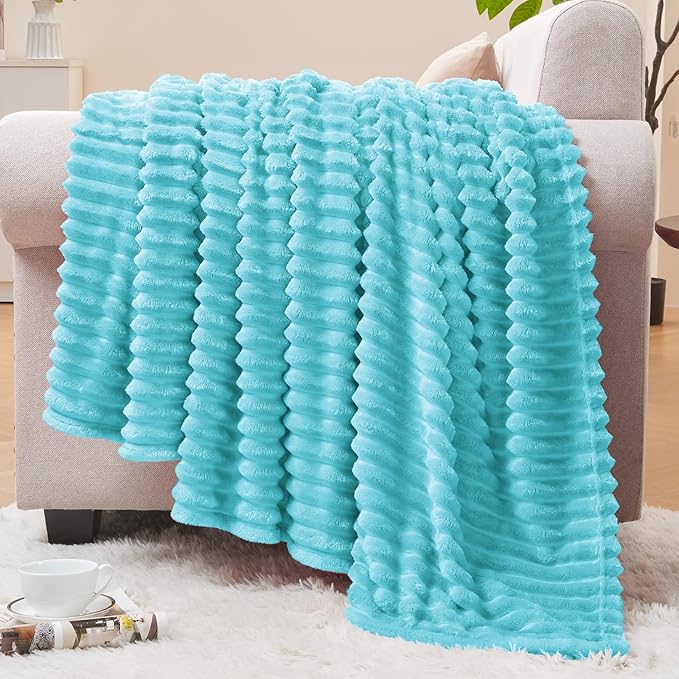 BEDELITE 3D Ribbed Light Blue Fleece Throw Blanket for Couch, 50x60 Inch | Soft Warm Decorative Fluffy Blanket, Cozy Plush Lightweight Fuzzy Throw Blanket for Bed Sofa Home Room Decor, Gift for Women