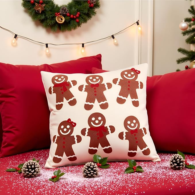 Christmas Throw Pillow Covers 18x18 Set of 2 Brown Gingerbread Man