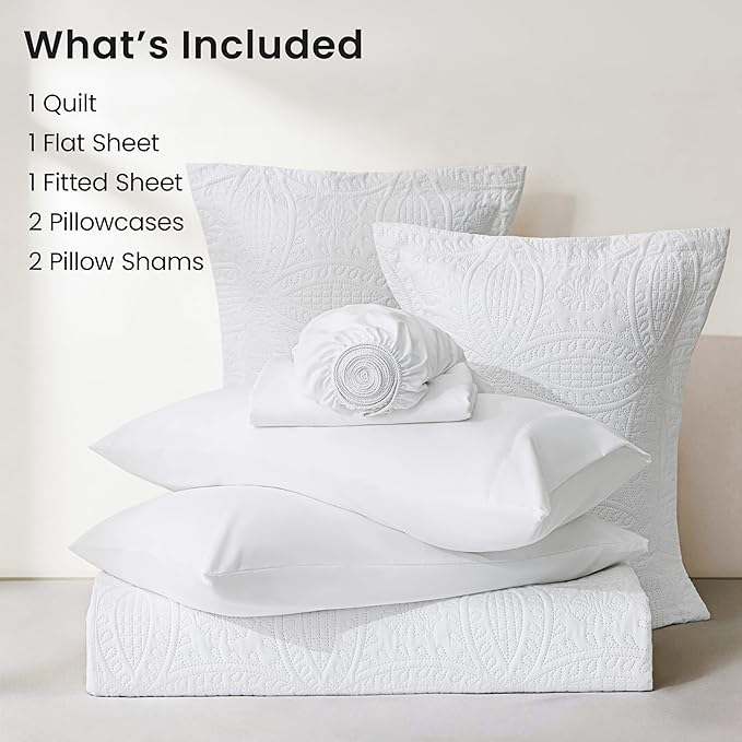 Love's cabin Queen Quilt Set White, Bed in a Bag Queen Size Bedding 7 Pieces, Ultrasonic Embossed Coin Pattern Comforter, Lightweight Bedspreads for All Seasons Quilt with Sheets, Pillowcases & Shams