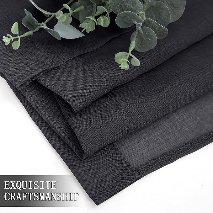 Tollpiz Sheer Curtains Linen Textured Living Room Curtain Sheers Light Filtering Rod Pocket Voile Curtains for Bedroom, 42 x 63 inches Long, Black, Set of 2 Panels