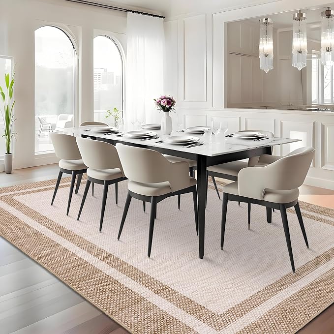 COZYLOOM Area Rugs 10x13 Large Living Room Rug with Rubber Backing, Stain Resistant Modern Bordered Rug, Non Shedding Low Pile Soft Carpet, Foldable Thin Mats for Bedroom, Dining Room, Office, Beige