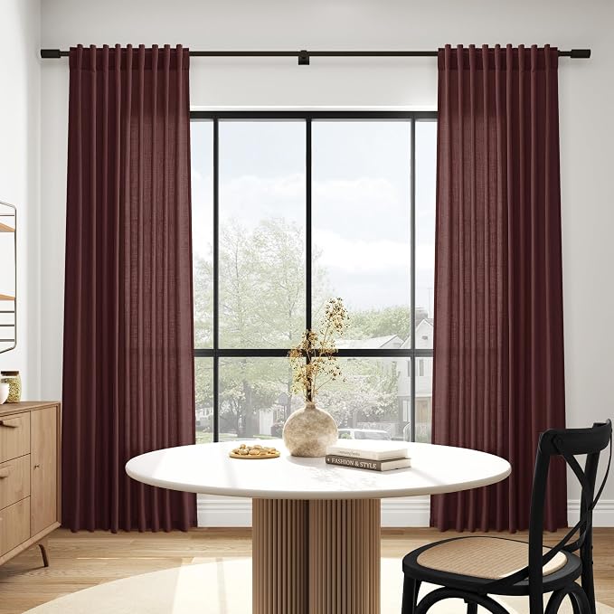Reddish Brown Linen Curtains 84 Inch Length 2 Panels Set for Living Room Back Tab Light Filtering Semi Sheer Curtain for Bedroom Farmhouse Drapes, 52x84 Inch, 2 Panels