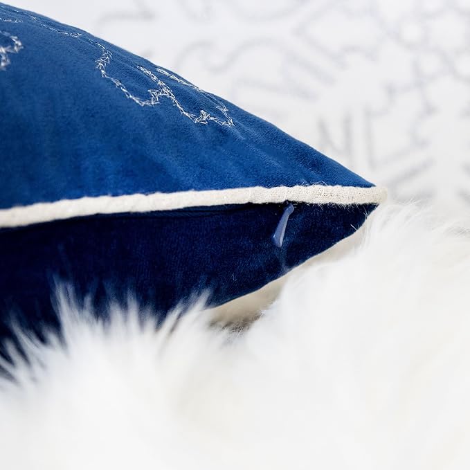 Embroidery Blue Velvet Throw Pillow Cover, Merry Christmas Series Snowflake Luxury Soft Fuzzy Cozy Warm Slik Gift Square Couch Cushion Pillow Case 20 x 20 Inch, Cover Only