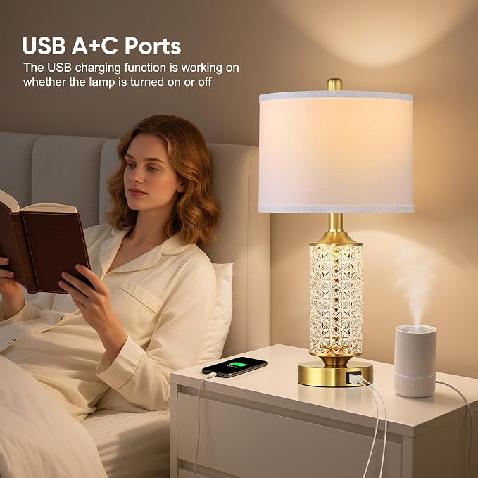 QiMH Gold Glass Table Lamps Set of 2, Nightstand Lamps for Living Room