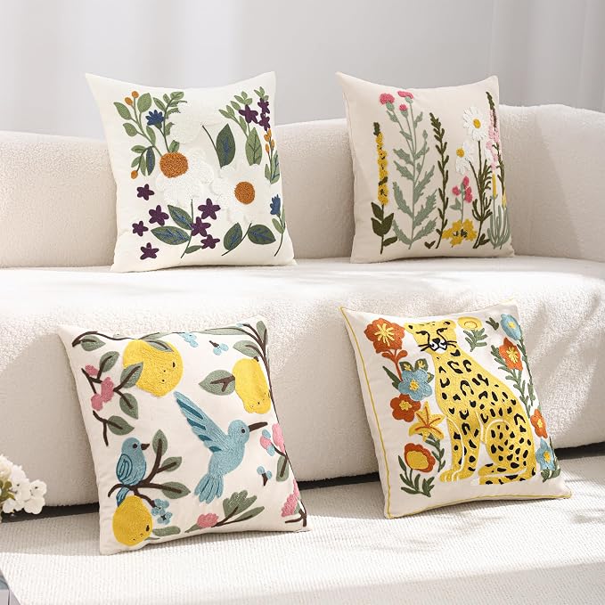 Embroidered Throw Pillow Covers 18x18 Pack of 2 Green Leaves Daisy Pillow Covers Floral Pillowcases Farmhouse Pillow Cushion Cases Square Flower Boho Pillow Case Summer Decor