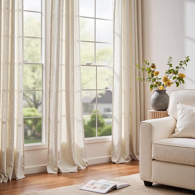 jinchan Linen Curtains Light Filtering Back Tab 60x96 Inch 2 Panels Beige | Semi Sheer Curtains 96 inch length for Bedroom Living Room, Modern Farmhouse Drapes with Rod Pocket, Natural Boho Curtains