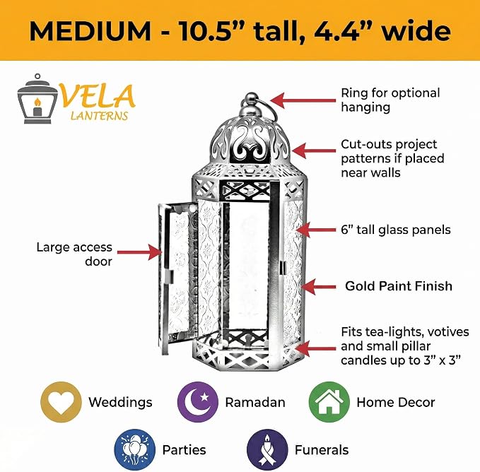 Vela Lanterns Decorative Indoor Moroccan Candle Holder, Gold Red, M | Ramadan Decorations for Home, Red Candle Lantern, Eid Table Centerpiece, Hanging Tealight Votive Pillar Holder, 10.5in