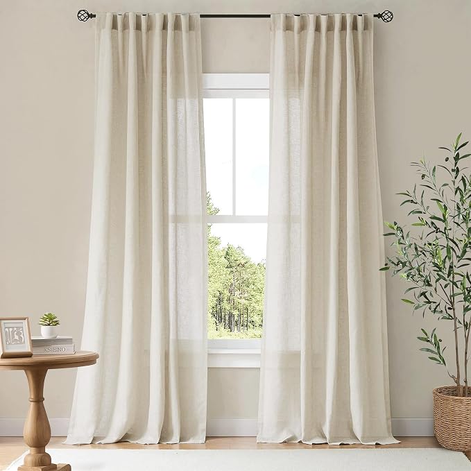 NICETOWN Flax Sheer Linen Curtains for Living Room 95 inch Long 2 Panels, Rod Pocket & Back Tab Semi Sheer Drapes Privacy Added with Light Filtering for Bedroom/Living Room, Natural, W55 x L95