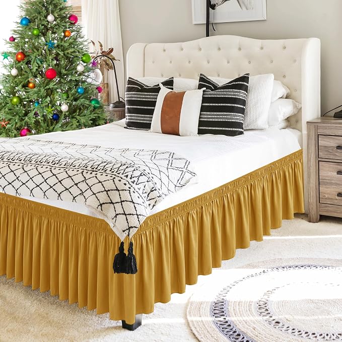 Wrap Around Queen Size Bed Skirt 15 Inch Drop-Elastic Dust Ruffle Gold | Adjustable Pleated Bedskirt-Easy Fit Wrinkle Resistant Washable Hotel Quality Fabric Bed Skirting-Master Guest Bedroom Rental