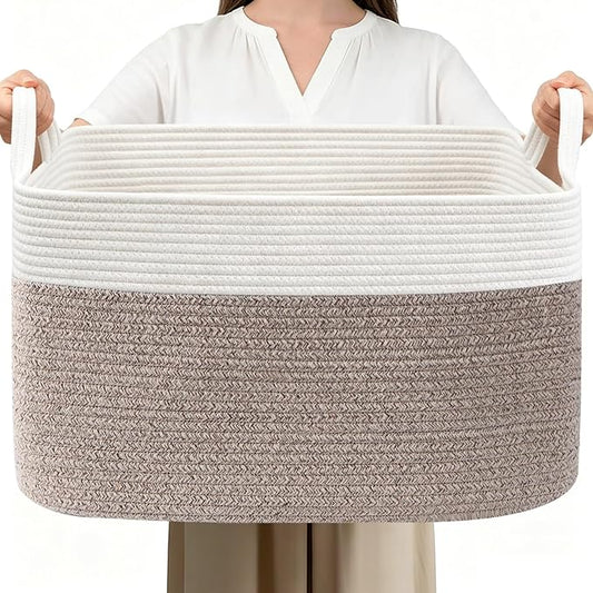 65L Laundry Basket with Handles, Woven Blanket Basket, White/Brown | 21"×16"×12" Collapsible Cotton Rope Storage Basket for Toys Clothes & Pillows, Nursery, Bathroom, Bedroom, Living Room