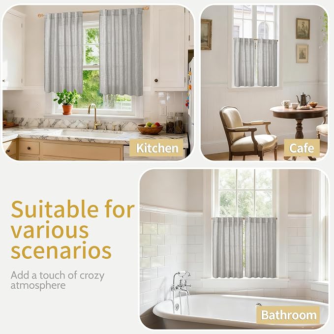 YoungsTex Grey Linen Semi Sheer Curtains 36 Inch Length Kitchen Winow Sink | Short Drapes Light Filtering with Rod Pocket Back Tab for Cafe Bathroom Windows, 2 Panels, 42 X 36 Inch