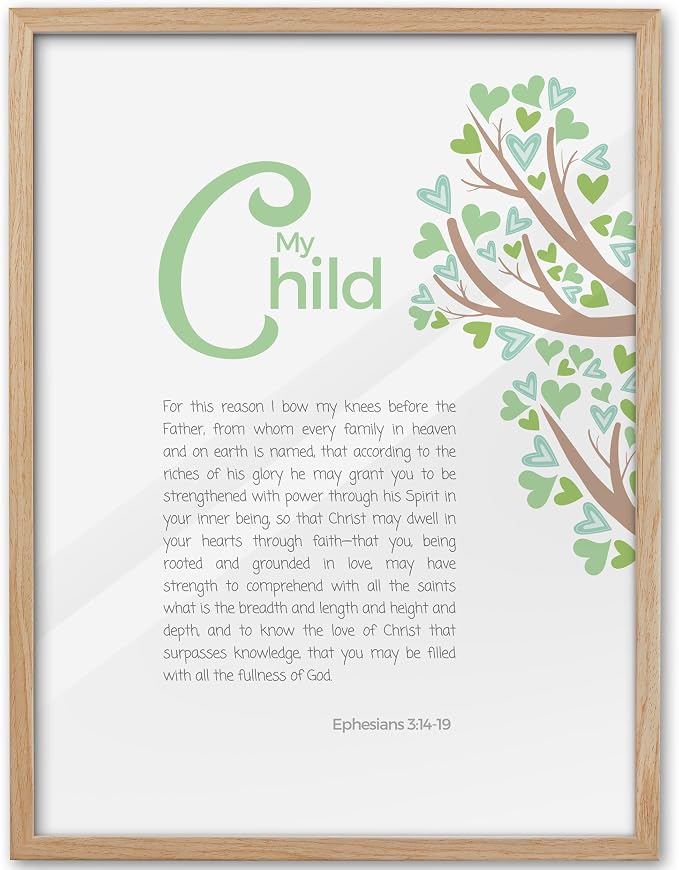 KensTro 12x16 Oak Framed Ephesians 3:14-19 Christian Wall Art | Natural Oak Wood Frame with Ephesians Prayer and Heart-Leaf Tree, Inspirational Scripture Decor for Bedroom or Prayer Space