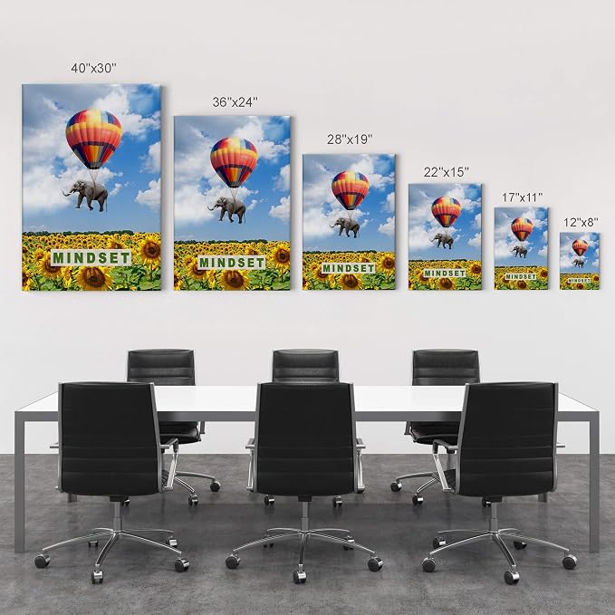 Smile Art Design Mindset Elephant with Balloon Sunflower Field Motivational Wall Art Canvas Print Inspirational Wall Art Entrepreneur Quote Canvas Print Modern Office Decor Gift Ready to Hang 28x19