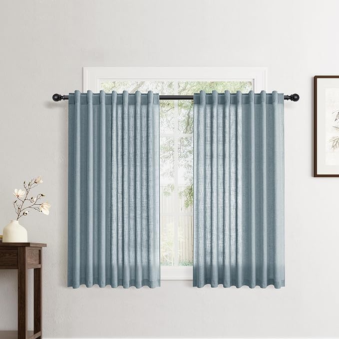 Jowels Blue Linen Curtains 45 Inch Long 2 Panels for Living Room | Light Filtering Semi Sheer Curtain, Back Tab Pocket Pleated Look, Boho Farmhouse Textured Privacy Drapes for Bedroom Window