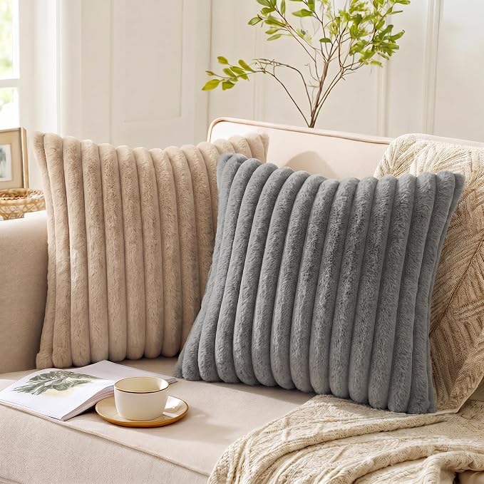 Pack of 2 Throw Pillow Covers 20x12 Decorative Solid Plush Faux Fur with Soft Velvet Back, Square Striped Cushion Cases Modern Farmhouse Home Decor for Living Room Couch Sofa Bed Dark Gray