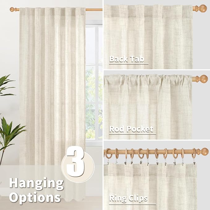 YoungsTex Linen Curtains 80 Inch Length for Living Room 2 Panels | Semi Sheer Drapes with Back Tab Rod Pocket for Bedroom Farmhouse Textured Light Filtering, 52 X 80 Inch
