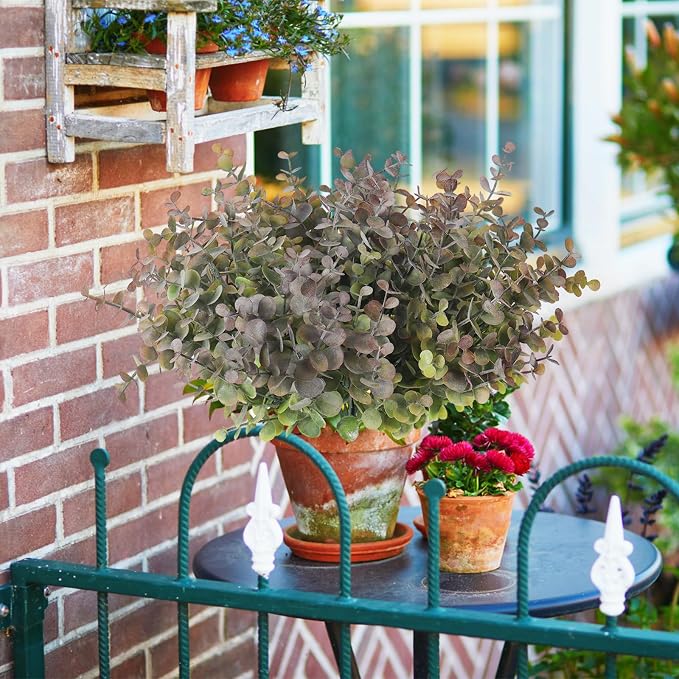 RECUTMS 12 Bundles Artificial Eucalyptus Greenery Stems 13In Dusty Purple | Plastic Boxwood Shrub Plant Branch,No Maintenance,Long-term Reuse,Farmhouse Garden Home Outdoor Planter Vase Window Box Decor