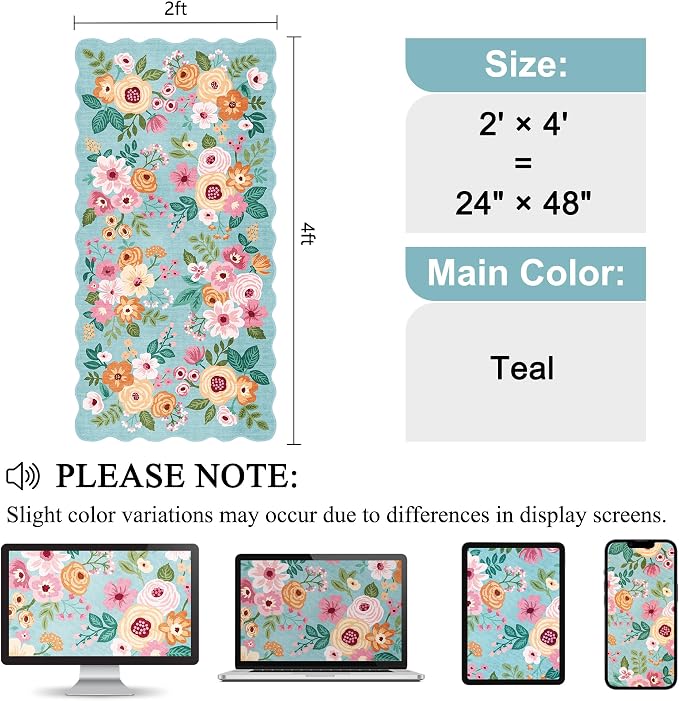 DUKINO 2x4 Rug for Entryway, Floral Washable Kitchen Rugs Non Slip, Teal | Soft, Low Pile, Stain Resistant Throw Runner Rug for Hallway, Bedroom, Bathroom, Laundry, Pet Friendly, Modern Home Decor