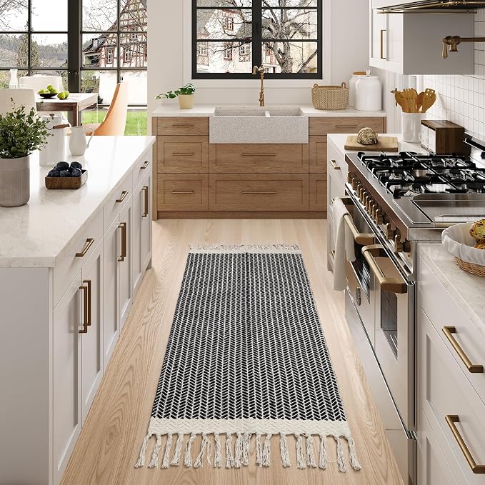 Lahome Boho Bathroom Runner Rug, 2x4.3 Washable Rugs for Kitchen Entryway | Woven Cotton Throw Door Mat with Tassels, Farmhouse Black Non Shedding Lightweight Low Pile Carpet for Entryway Bedroom