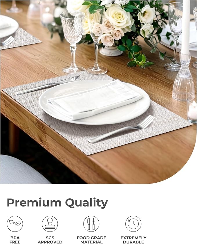 Leetaltree Pale Beige Placemats Set of 4 - Heat Resistant Non-Slip Place mats for Dining Table, Washable Durable PVC Vinyl Woven Table Mats（Pale Beige, 4）