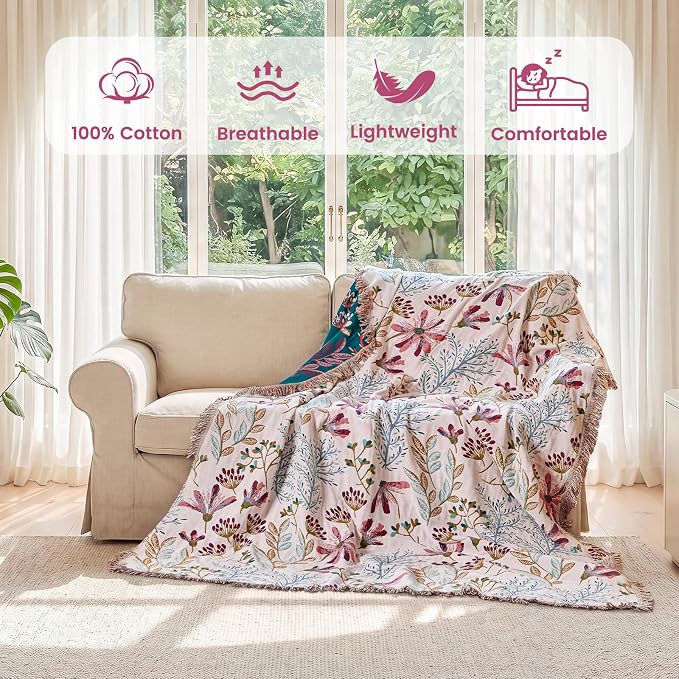 MSGKV Boho Throw Blanket 60"x80" 100% Cotton Floral Blanket for Couch Bed | 100% Cotton Muslin, Floral Throw Blanket, Reversible Weave, Lightweight Comfort, Cozy Home Decor, Machine Washable