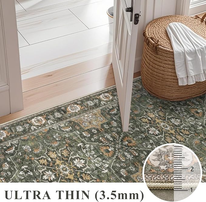Washable 3x8 Hallway Runner Rug - Kitchen Rugs Ultra Soft Entryway Rug Runner Vintage Floral Floor Mat Non-Slip Low Pile Indoor Farmhouse Carpet for Bathroom Living Room Bedroom (Green,3x8)