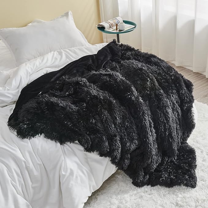 GONAAP Fuzzy Faux Fur Throw Blanket for Couch, Black, 50"x60" | Warm Cozy Plush Shaggy Decorative Reversible Thick Non-Heated Fleece Blanket for Sofa Bed, Gift for Women Men, All Season Use