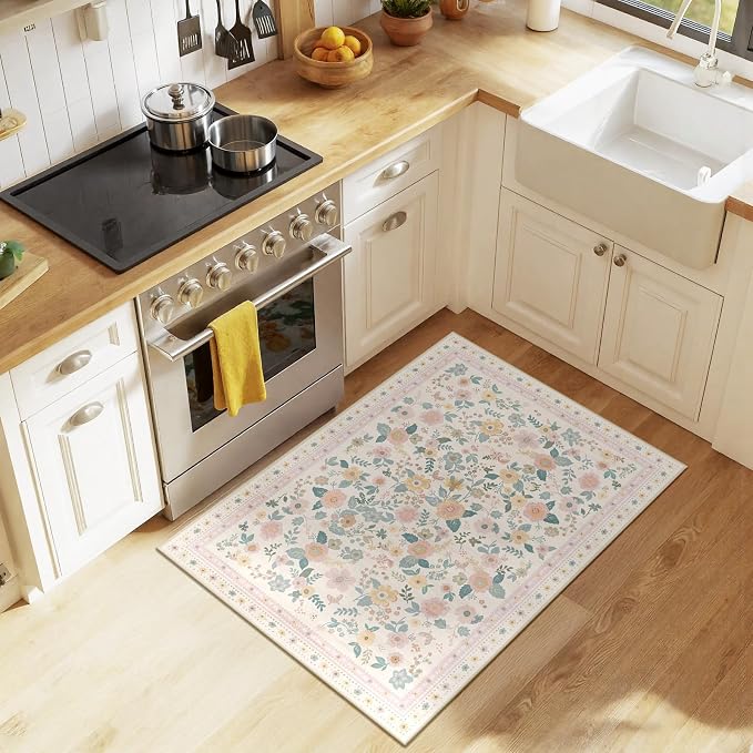 Washable Floral Area Rug for Living Room 2x3 Light Beige | Non-Slip，Vacuum-Friendly, Low Pile, Flower Carpet for Bedroom Kitchen Entryway Dining Room Office Nursery