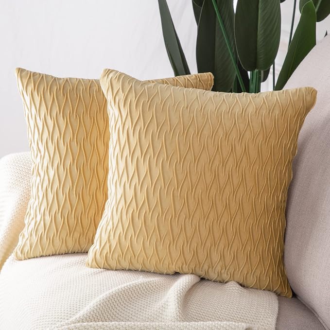 MADIZZ Set of 2 Super Soft Velvet Decorative Throw Pillow Covers 14x14 inch Khaki Square with Texture Luxury Style Cushion Case Pillow Shell for Sofa Bedroom