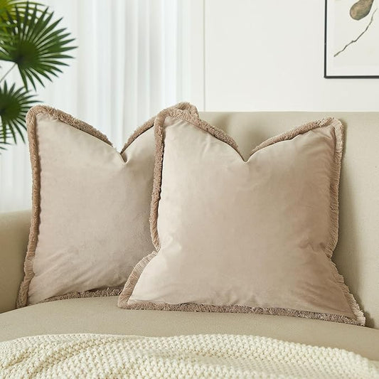 JUSPURBET Champagne Velvet Throw Pillow Covers 16x16 Inch Set of 2 with Soft Tassel Fringe Luxury Boho Pillowcase for Sofa Couch Bed Home Decor Machine Washable