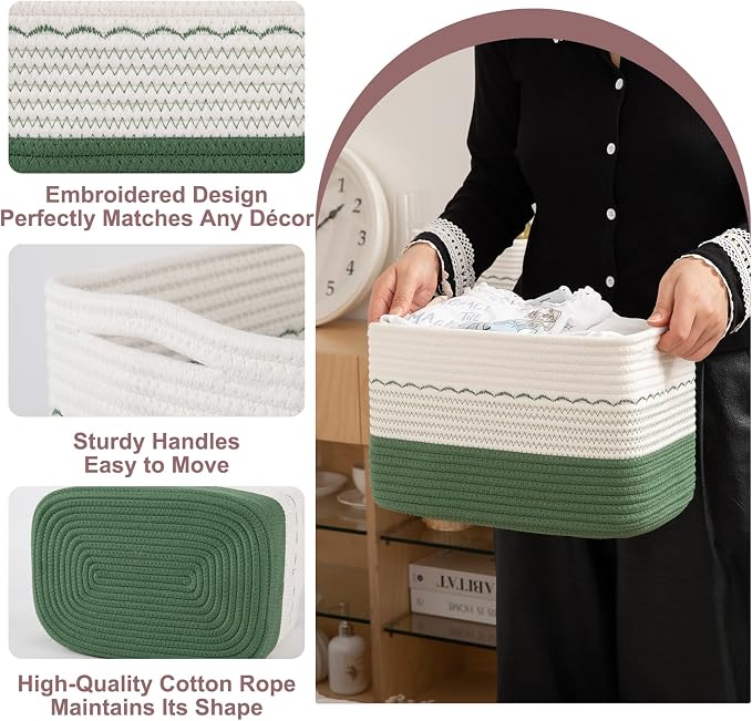OIASKET 4 Pack Storage Baskets for Organizing, 13"X9"X7.87", Decorative Cotton Rope Baskets for Shelves, Small Woven Basket for Toys, Books and Towels, Green & White