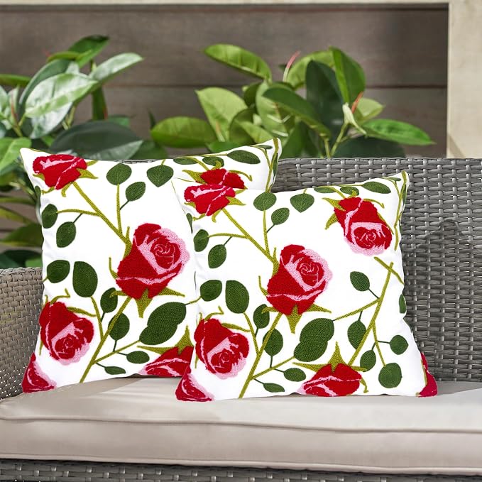 Alysheer Set of 2 Floral Embroidered Decorative Throw Pillow Cover 18" x 18" inches, Farmhouse Cottage Embroidery Red Rose Pattern Cotton Cushion Case for Sofa Couch Bed Living Room Outdoor Decor