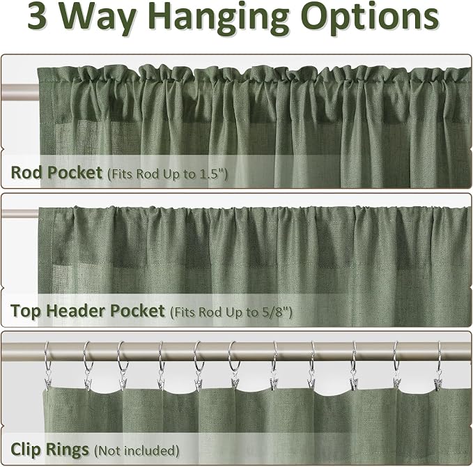 Olive Green Linen Curtains 120 Inch Length for Living Room Bedroom 2 Panels Set Rod Pocket Light Filtering Semi Sheer Window Curtains 52 Inch Width Boho Farmhouse Linen Drapes, W52xL120