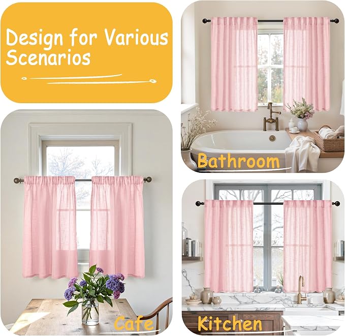 YoungsTex Light Pink Linen Kitchen Curtains 40 Inches Long, Short Semi Sheer Drapes Light Filtering with Rod Pocket Back Tab Lightweight for Cafe Bathroom Window, 2 Panels, 34 X 40 Inch
