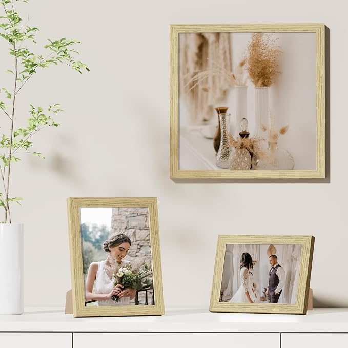 Vittanly 12x12 Picture Frames Set of 9 for Wall Mounting, OAK | Display Pictures 8x8 with Mat or 12x12 without Mat for Wall Mounting, Square Photo Frames for Home Decor, Engineered Wood