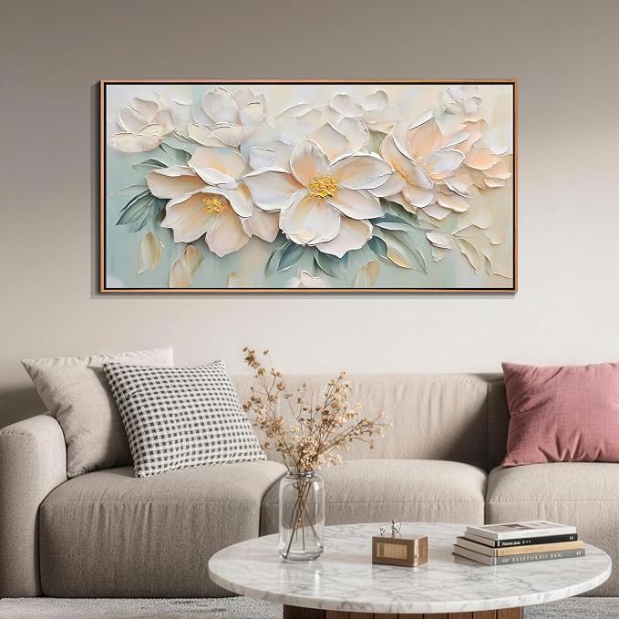 Anolyfi Framed Floral Large Canvas Wall Art for Living Room 40"x20" | Real Wood Framed,HD Print and Hand-painted Textured, Easy to Hang, Botanical Sage Paintings for Hallway Bedroom Office Decor