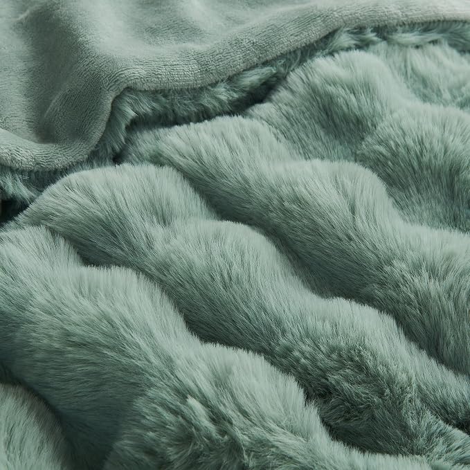 Lotus Karen Faux Fur Throw Blanket Sage Green - Big Bubble Rabbit Fluff Blanket for Couch Bed Sofa,Softest Fluffy Fuzzy Cozy Blanket,Plush Thick Furry Shaggy Warm Blankets for Women,60x80 Inches