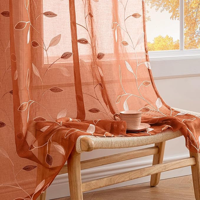 MIULEE Burnt Orange Sheer Fall Curtains 2 Panels Leaf Patterned, W52 x L63 | Embroidered Floral Semi Sheer,Rod Pocket,Faux Linen,Short Window Curtains Drapes Set for Kitchen/Bathroom/Cafe