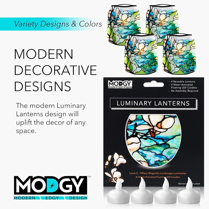 MODGY Luminary Lanterns Candle Holder Decorative Indoor Outdoor Decor, Plastic Candle Lantern Lamps for Wedding Table Centerpiece Porch 4-Pack, with Flameless Floating LED Candles Magnolia