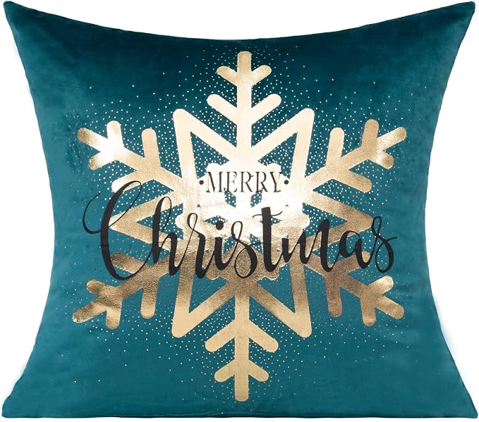 All Smiles Teal Gold Christmas Decorations Throw Pillow Covers Cases 18X18 Set of 4 Turquoise Xmas Indoor Home Décor Ornaments Velvet Navidad Cushion for Sofa Couch Tree Snowflake Reindeer