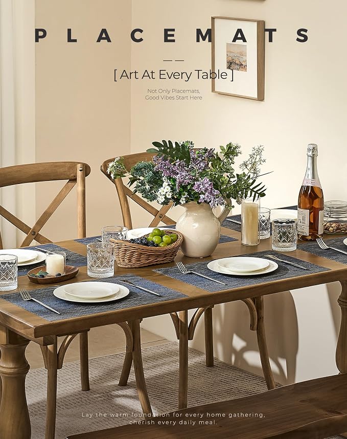Leetaltree Denim Blue Placemats Set of 12 - Heat Resistant Non-Slip Place mats for Dining Table, Washable Durable PVC Vinyl Woven Table Mats（Denim Blue, 12）