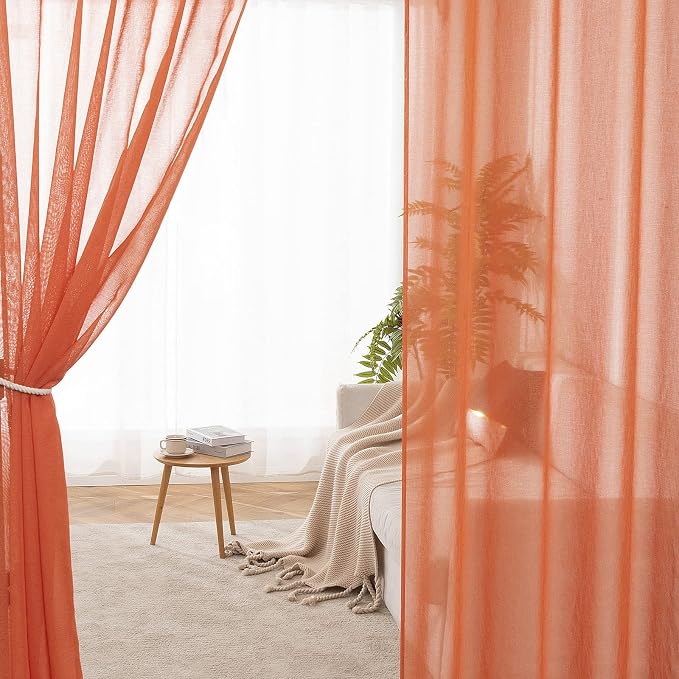 MIULEE Fall Burnt Orange Linen Textured Semi-Sheer Curtains 54W×90L | Semi Transparent, Farmhouse, Window Net Panels with Rod Pocket for Bedroom Living Room