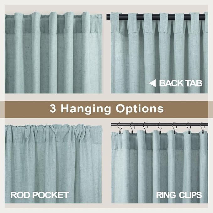 Pitalk Aqua Curtains 45 inch Length for Bedroom 2 Panels Rod Pocket Back Tab Lightweight Linen Semi Sheer Short Coastal Summer Sea Green Seafoam Curtains for Living Room Bathroom Home Office Teal