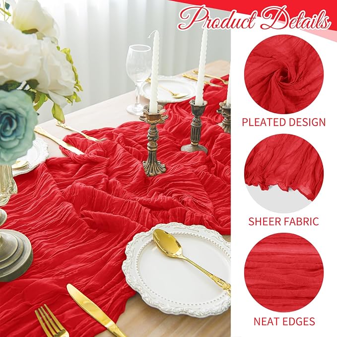 10 Pack Red Cheesecloth Table Runner 17x108 Inch Boho Gauze Cheese Cloth Table Runners for Wedding Party Baby Shower Birthday Home Decor