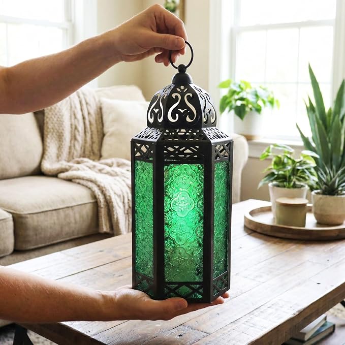 Vela Lanterns Decorative Indoor Fairy Light Candle Holder, Green, L | Fantasy Moroccan Lamp, Enchanted Forest Decor, Green Halloween & St Patricks Day, Metal Hanging Flameless LED, 12" Tall