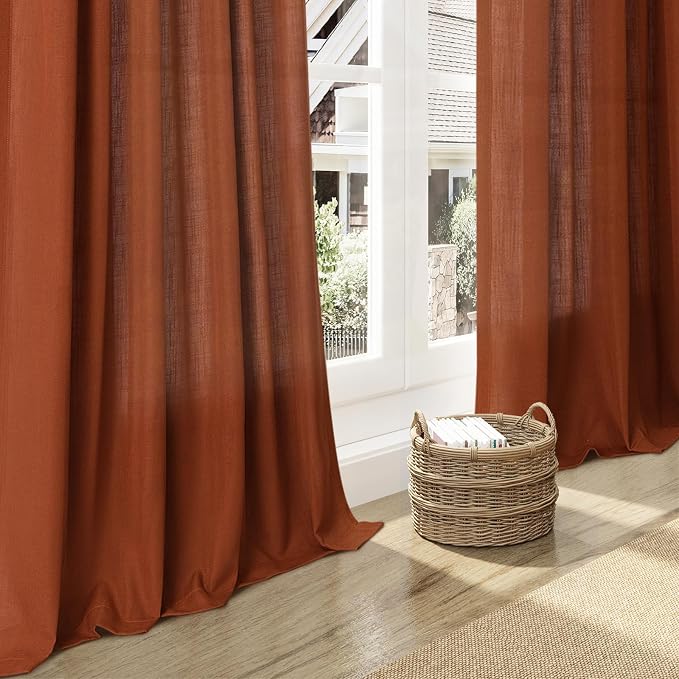 Rust Linen Curtains 95 inches Long 2 Panel Back Tab Rod Pocket Rustic Farmhouse Boho Linen Curtain for Dining Room Brick Burnt Bohemian Fall Decor Terracotta Semi Sheer Curtains 95 inch Length