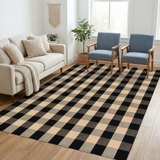 KILOCOCO Buffalo Plaid Checkered Rug 5x7 ft Living Room Rug Brown and Black | Machine Washable Rug for Front Porch, Indoor Outdoor Rugs, Cotton Dining Room Carpet, Low Pile Farmhouse Bedroom Rug
