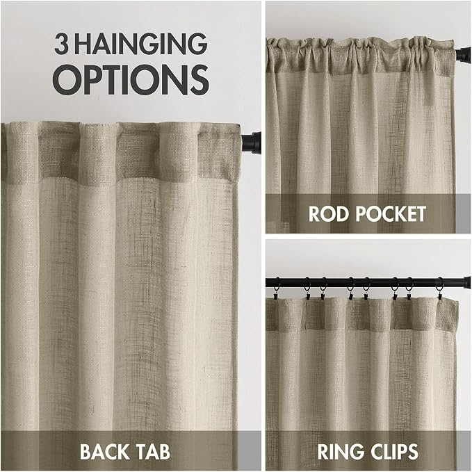 MIULEE Oatmeal Linen Curtains 52x108 Inch Long for Bedroom and Living Room | 2 Panels, Soft Thick Linen Textured Natural Window Drapes, Semi Sheer Light Filtering, Back Tab Rod Pocket, Burlap Look Decor