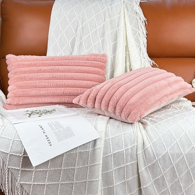 COTEY 12x20 Decorative Faux Fur Throw Pillow Covers Set of 2- Pink